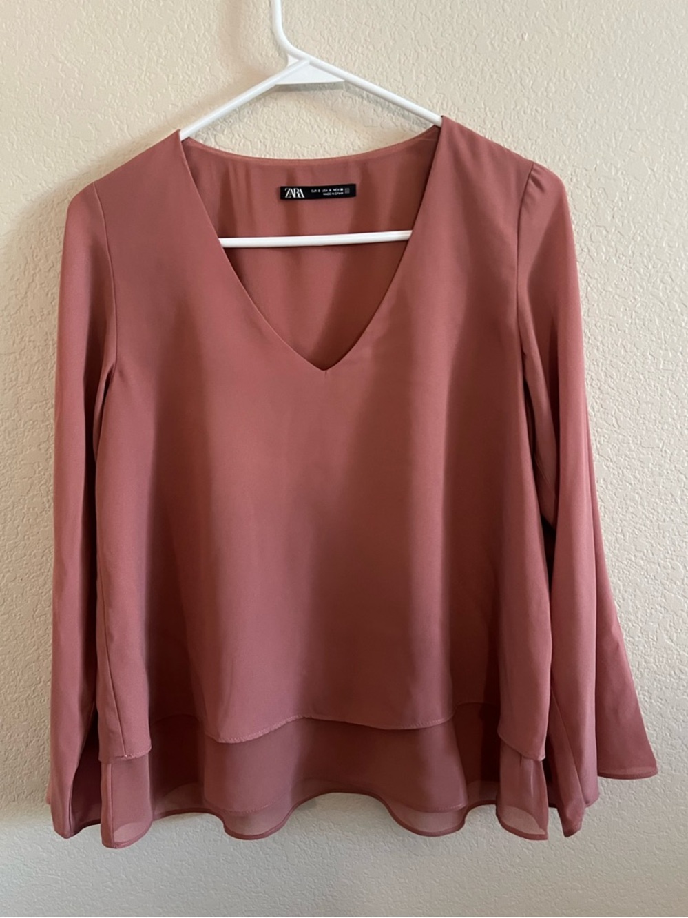 Zara Dusty Rose V-Neck Layered Hem Blouse